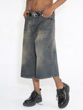 Men'S Washed Vintage Wide Leg Denim Shorts